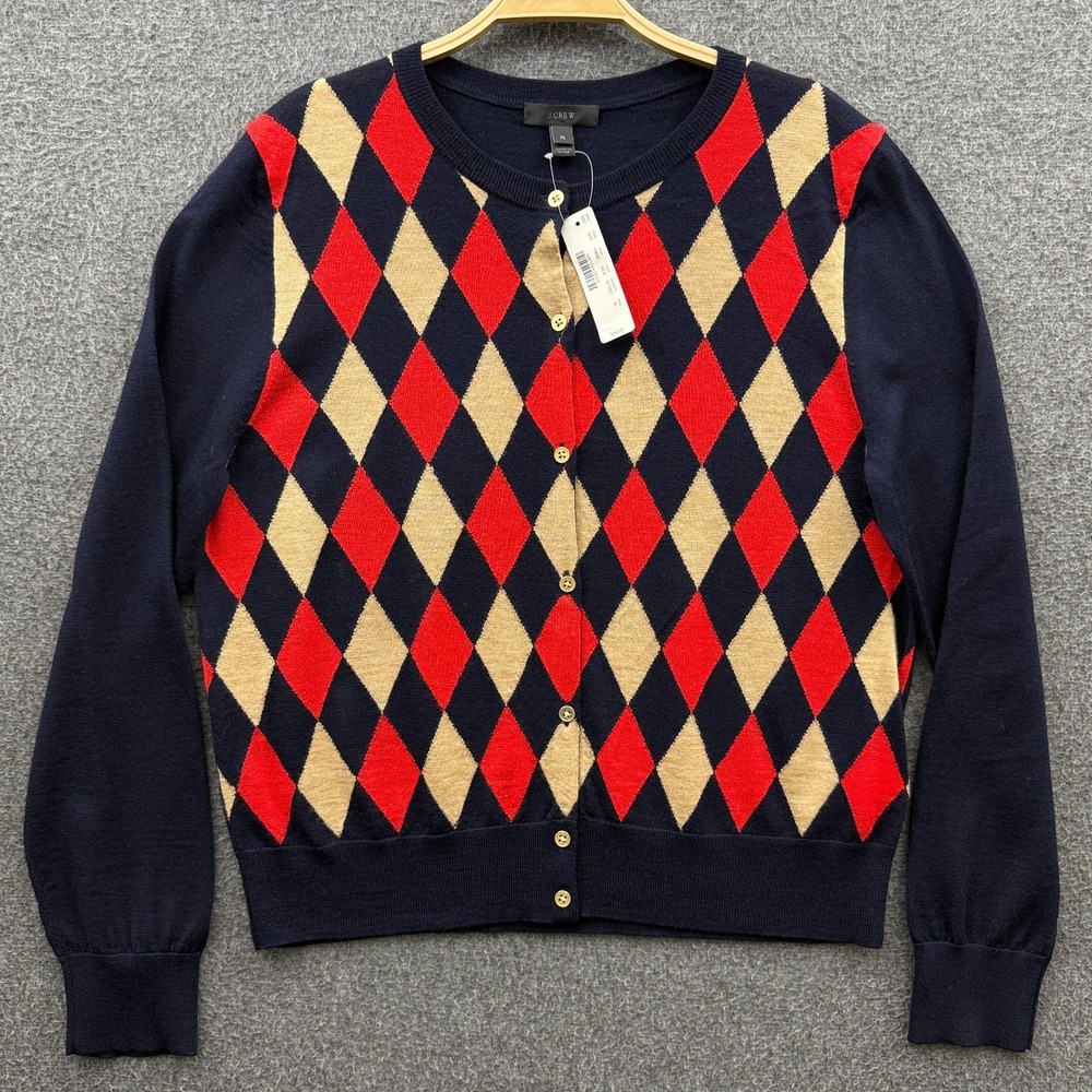 J Crew Sweater Womens XL Blue Jackie Cardigan Argyle Merino Wool Lightweight NWT